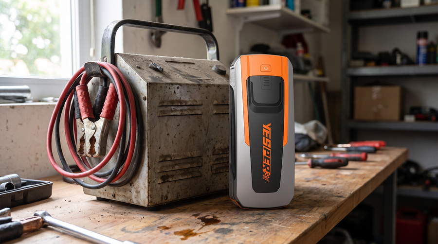 Yesper Fast II jumpstarter op een werkbank naast een klassieke acculader met opgerolde startkabels, waarop het formaatverschil tussen beide apparaten zichtbaar is