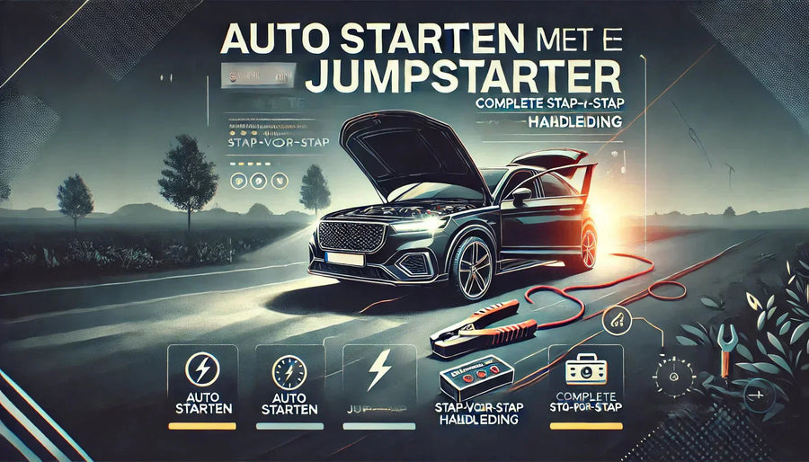 Rode en zwarte klem van een draagbare jumpstarter aangesloten bij een auto met lege accu