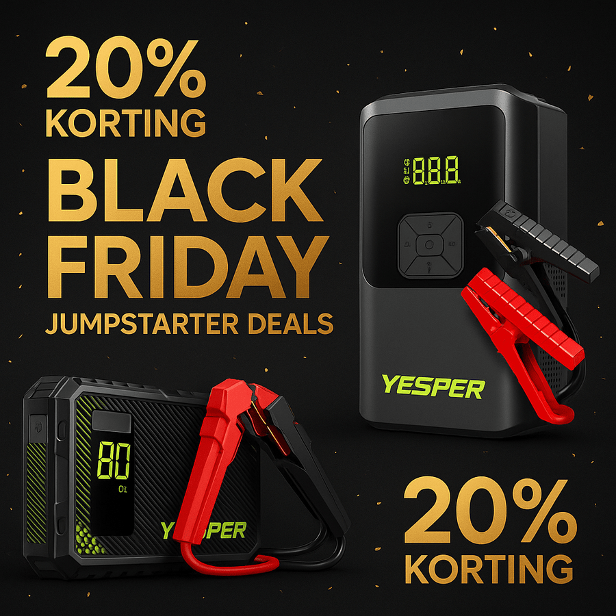 Promotiebanner voor Black Friday-jumpstarterdeals met kortingsvermelding: twee Yesper jumpstarters met rode en zwarte accuklemmen - Jumpstarter.nl