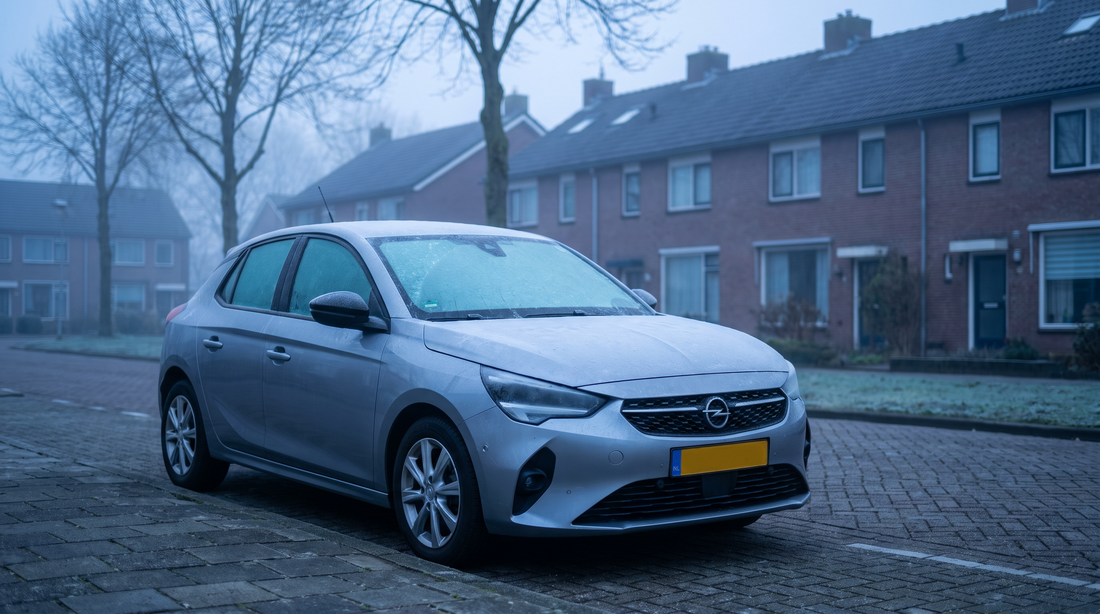 Auto met volledig bevroren voorruit op een mistige winterochtend in een Nederlandse woonstraat