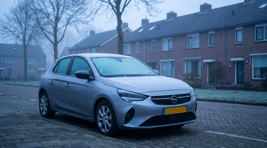 Auto met volledig bevroren voorruit op een mistige winterochtend in een Nederlandse woonstraat