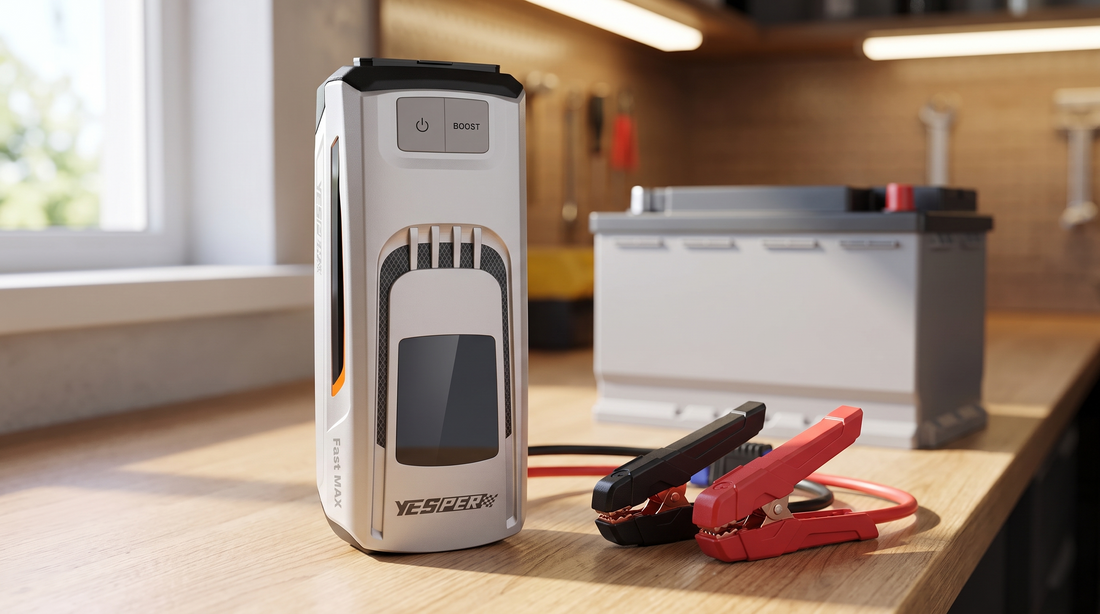 Yesper Fast Max jumpstarter met rode en zwarte accuklemmen op een houten werkbank in een garage, met een autoaccu onscherp op de achtergrond