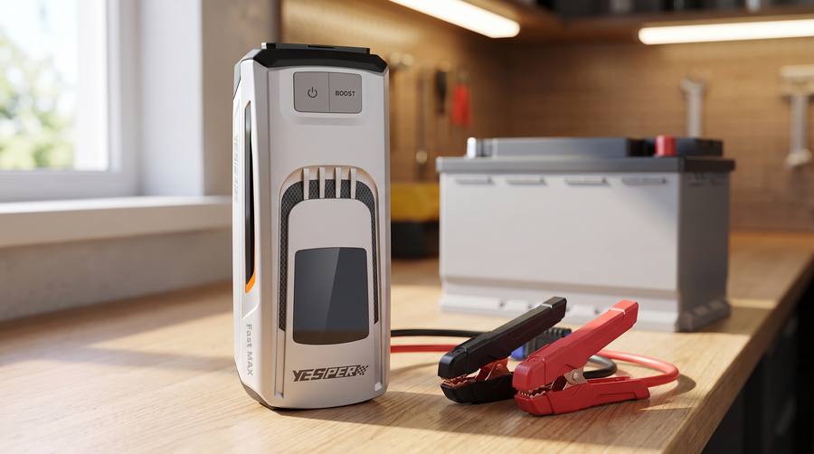Yesper Fast Max jumpstarter met rode en zwarte accuklemmen op een houten werkbank in een garage, met een autoaccu onscherp op de achtergrond