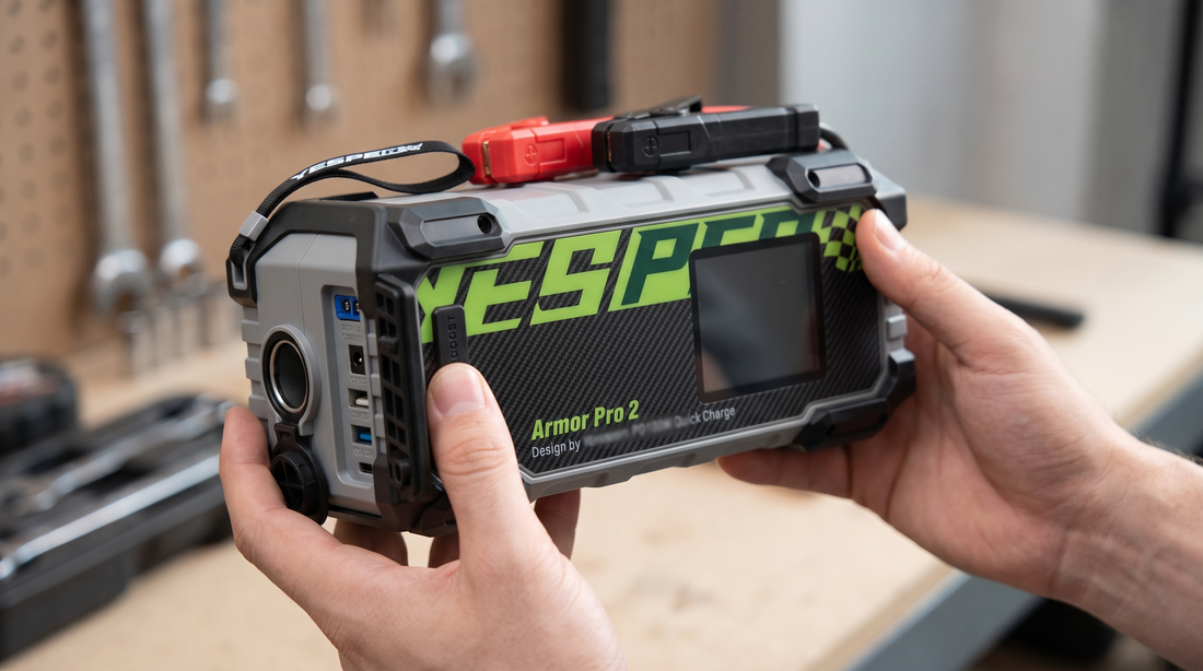 Handen die de YESPER Armor Pro 2 jumpstarter beoordelen in een werkplaats