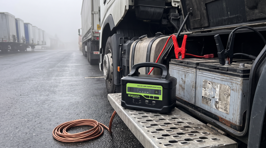 Yesper Monster Start P2 jumpstarter aangesloten op de accu's van een vrachtwagen
