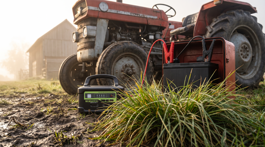 Yesper Monster Start P1 jumpstarter start een tractor op een mistig boerenerf