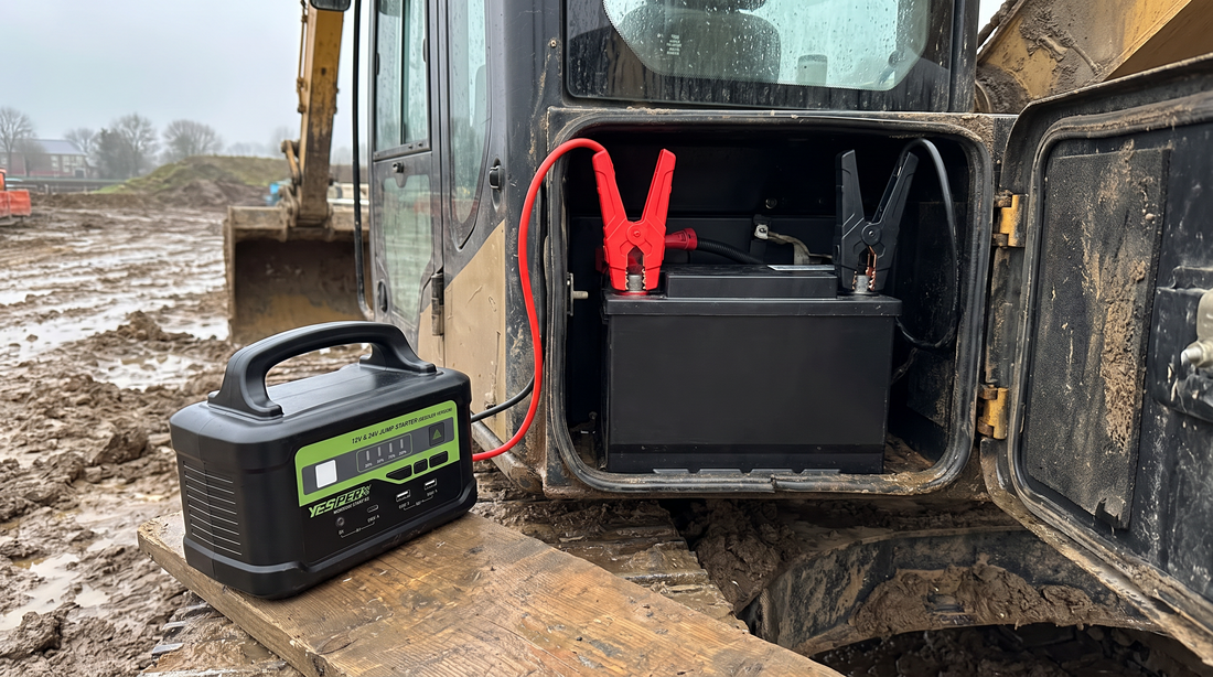 Yesper Monster Start P2 startbooster met klemmen op de accu van een graafmachine