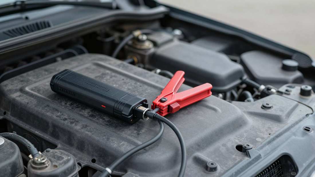 Compacte zwarte jumpstarter met rode accuklem op het motorblok van een auto met geopende motorkap