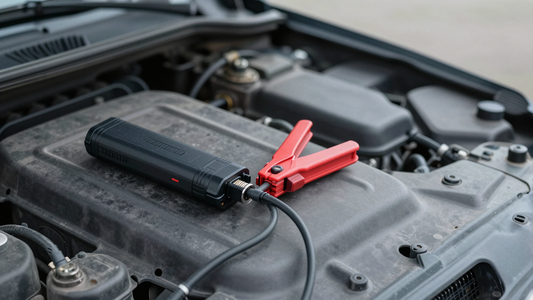 Compacte zwarte jumpstarter met rode accuklem op het motorblok van een auto met geopende motorkap