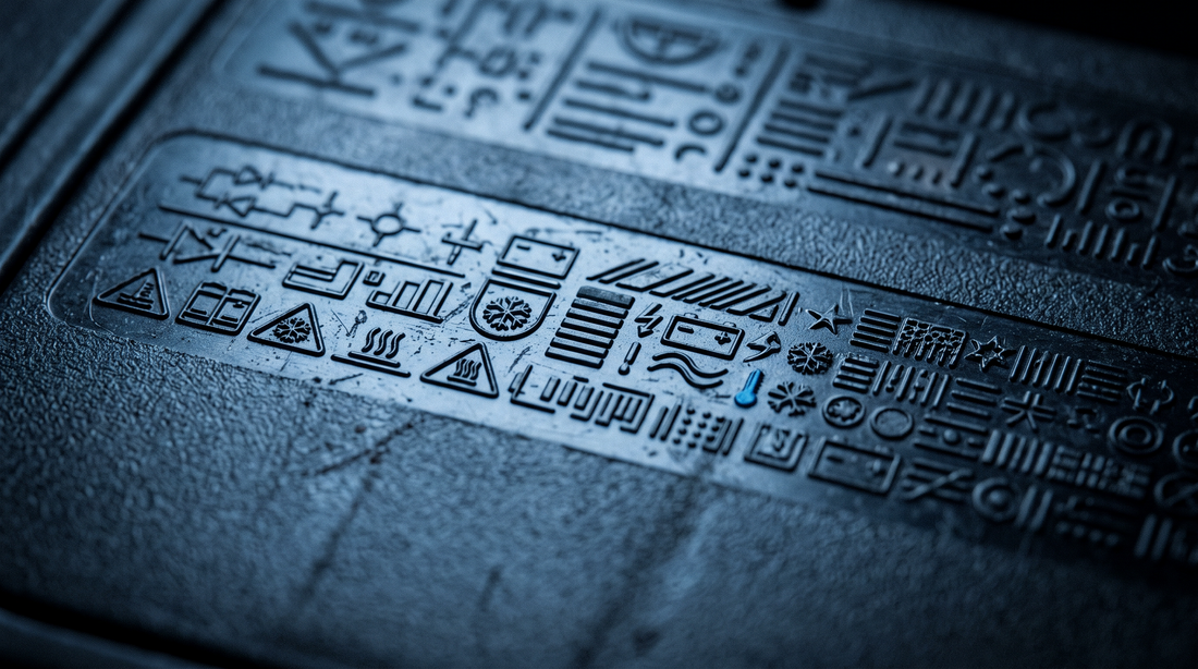 Extreme close-up van een accu-label met technische symbolen voor koudstartvermogen in blauw licht
