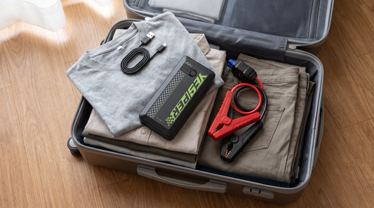 Yesper Armor Mini jumpstarter tussen opgevouwen kleding in een geopende handbagagekoffer