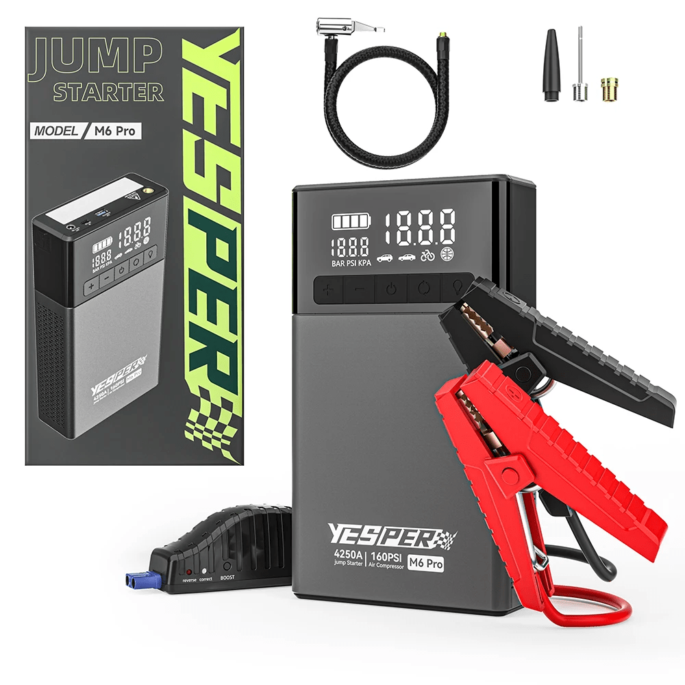 Yesper Almighty M6 Pro jumpstarter met ingebouwde luchtcompressor voor auto-, motor- en fietsbanden - Jumpstarter.nl