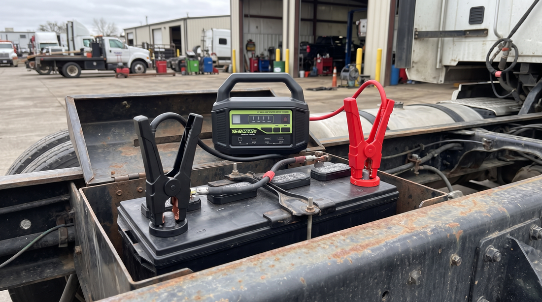 Yesper Monster Start N1 jumpstarter aangesloten op twee in serie geschakelde accu's van een zwaar voertuig voor 24V starthulp: de rode klem zit op de pluspool en de zwarte klem op de minpool