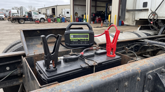 Yesper Monster Start N1 jumpstarter aangesloten op twee in serie geschakelde accu's van een zwaar voertuig voor 24V starthulp: de rode klem zit op de pluspool en de zwarte klem op de minpool