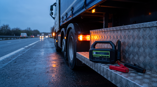 Yesper Monster Start N1 jumpstarter op de treeplank van een stilstaande vrachtwagen