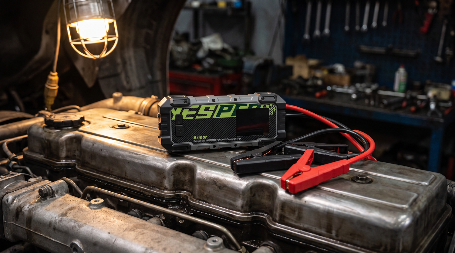 Yesper Armor Series: robuuste Armor jumpstarter met startkabels op een zware dieselmotor