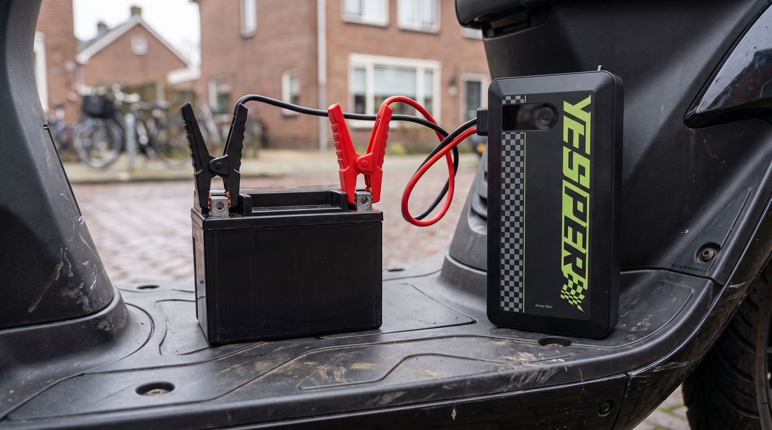 Jumpstarter voor motor en scooter: Yesper Armor Mini aangesloten op een scooteraccu