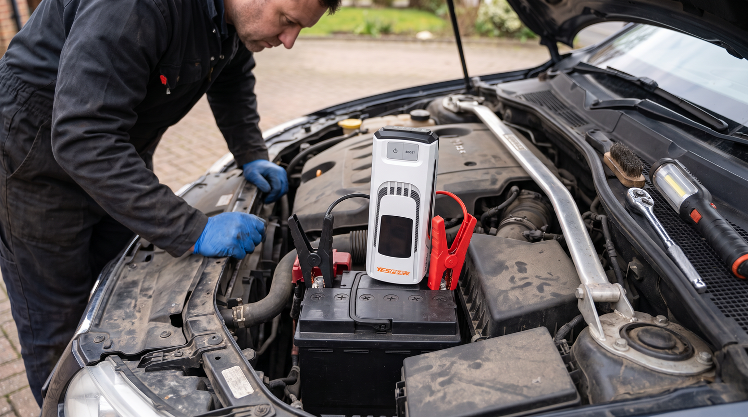 Jumpstarter aangesloten op een auto-accu terwijl een monteur de motorruimte controleert