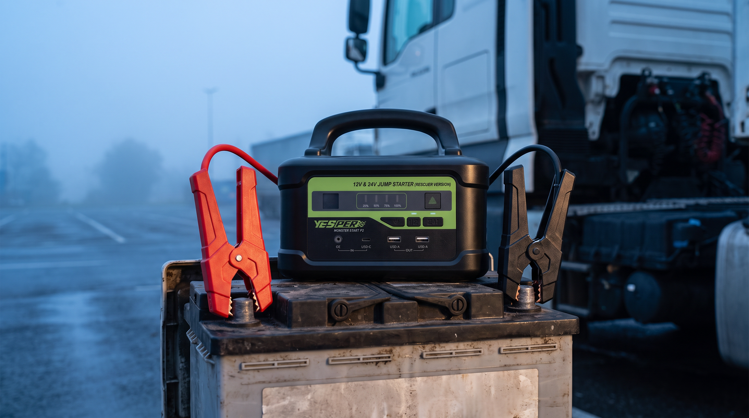 Jumpstarter voor vrachtwagens: Yesper Monster Start P2 aangesloten op de accubak van een truck