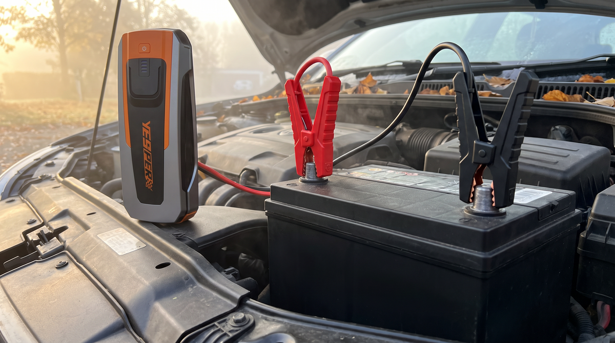 Yesper Fast II jumpstarter aangesloten op een autoaccu in de motorruimte op een herfstochtend