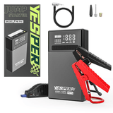 Yesper Almighty M6 Pro jumpstarter met startklemmen, luchtslang en ventielnippels naast de verpakking
