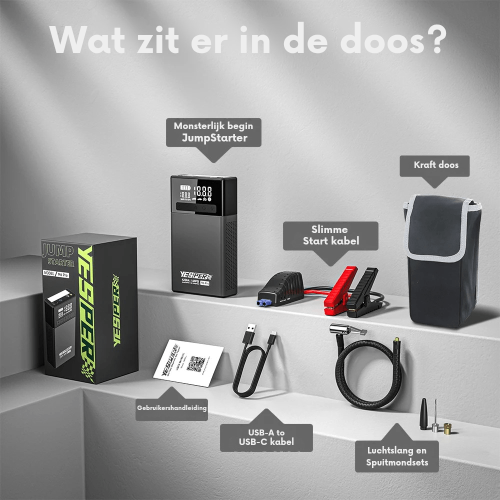 Yesper M6 Pro Jumpstarter met Fietspomp - Jumpstarter.nl